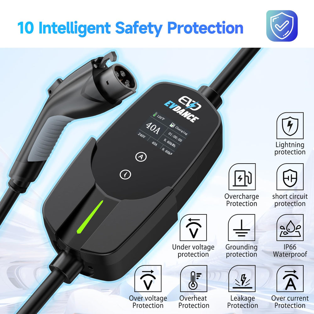 EVDANCE Level 2 EV Charger adjustable current from 10 to 40 amps.