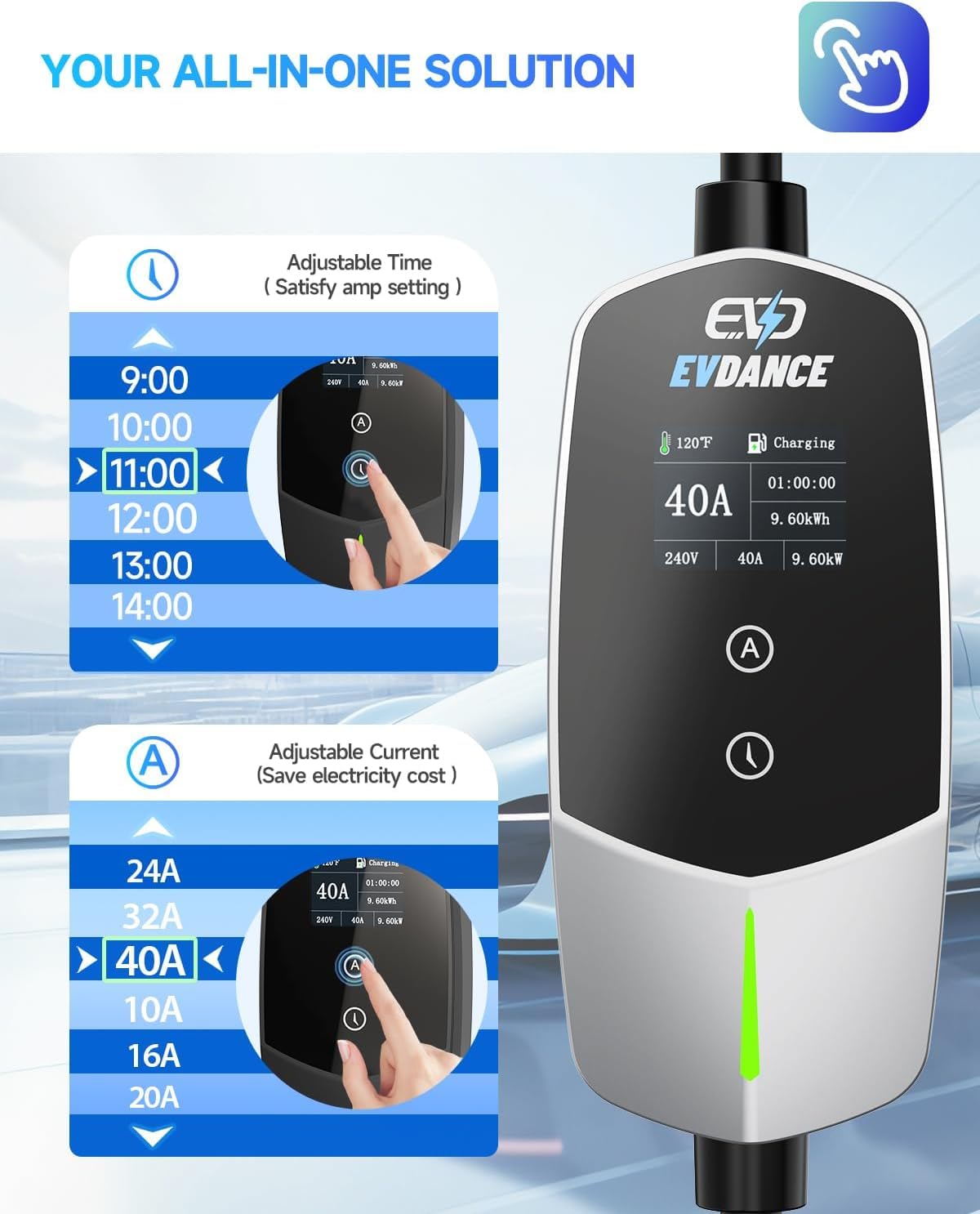 EVDANCE Level 2 EV Charger delay timer helps charge during off-peak hours