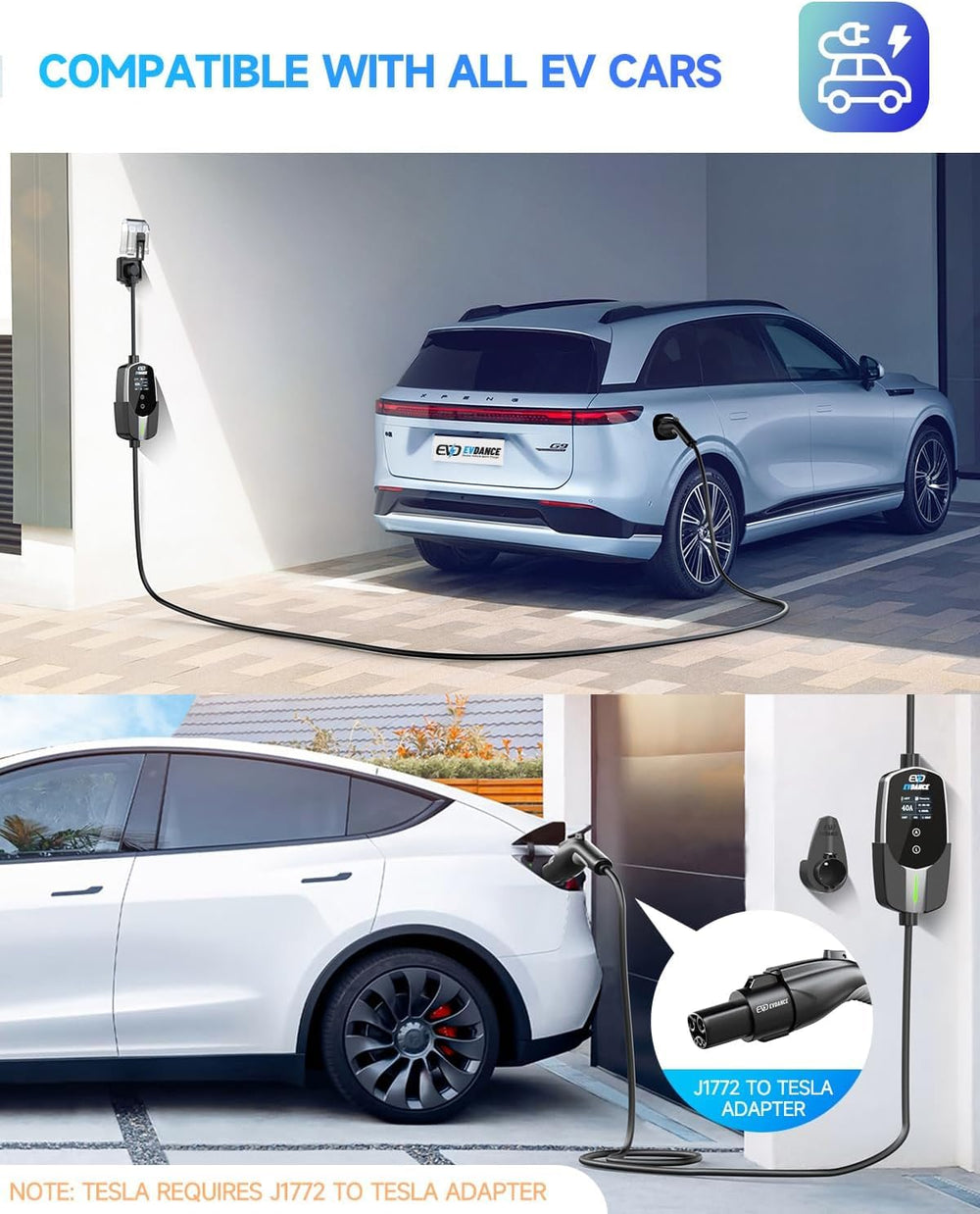 EVDANCE Level 2 EV Charger with J1772 connector supports most North American EVs