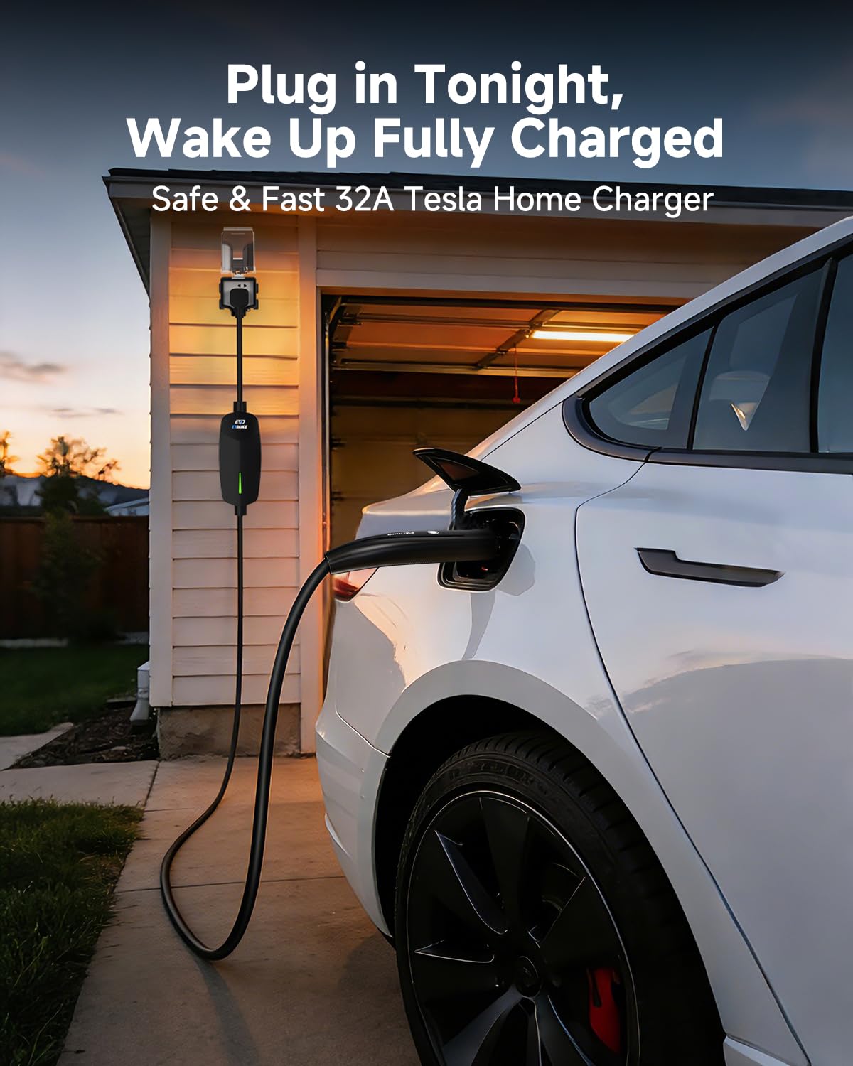 EVDANCE Level 2 charger with 25 ft cable enables flexible parking.