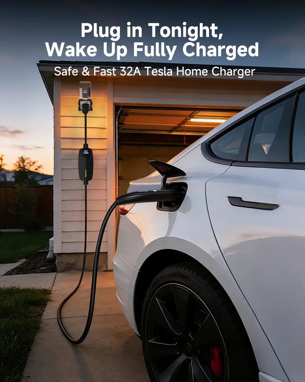 EVDANCE Level 2 charger with 25 ft cable enables flexible parking.