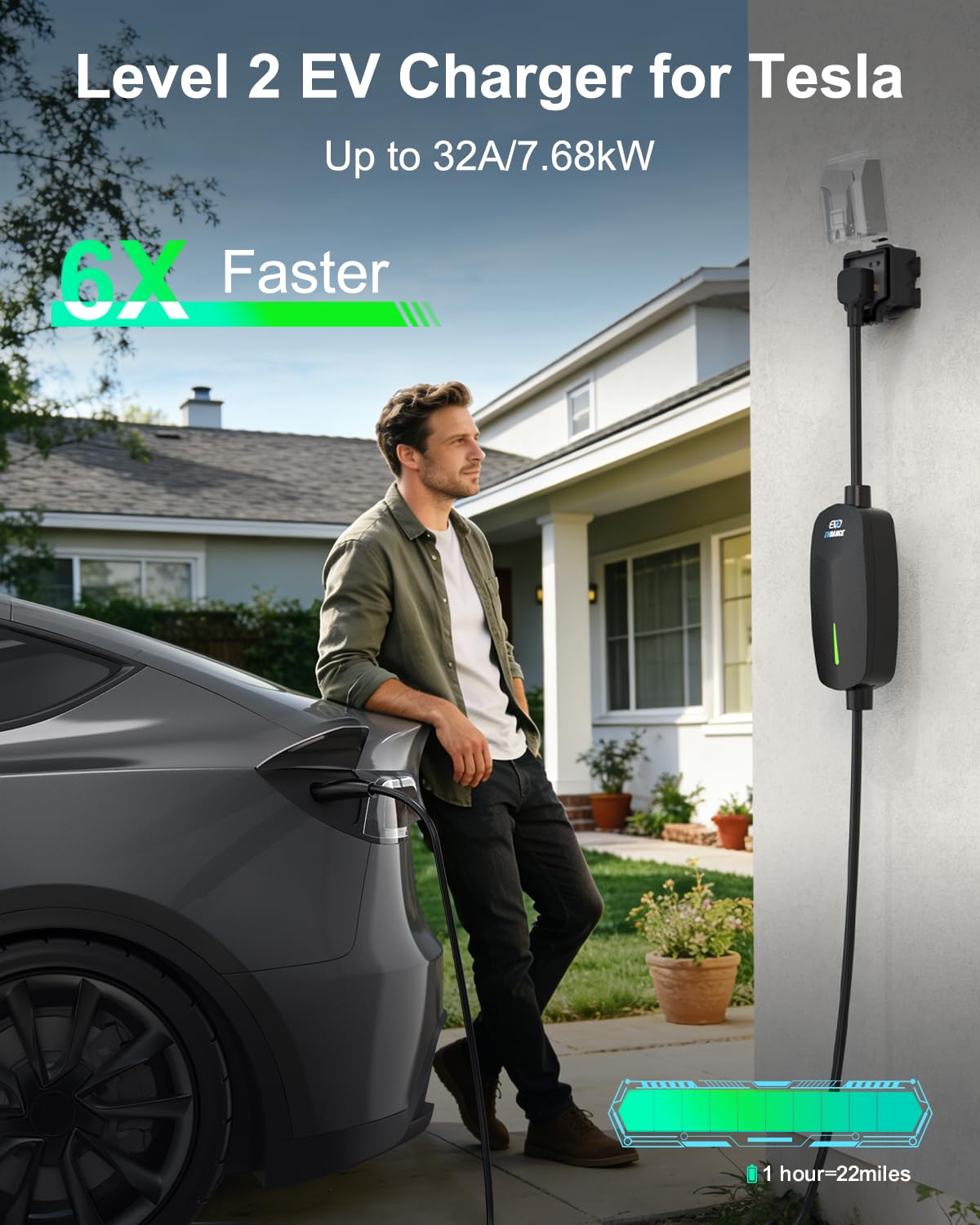 EVDANCE Level 2 charger side view shows compact home charging solution for Tesla.