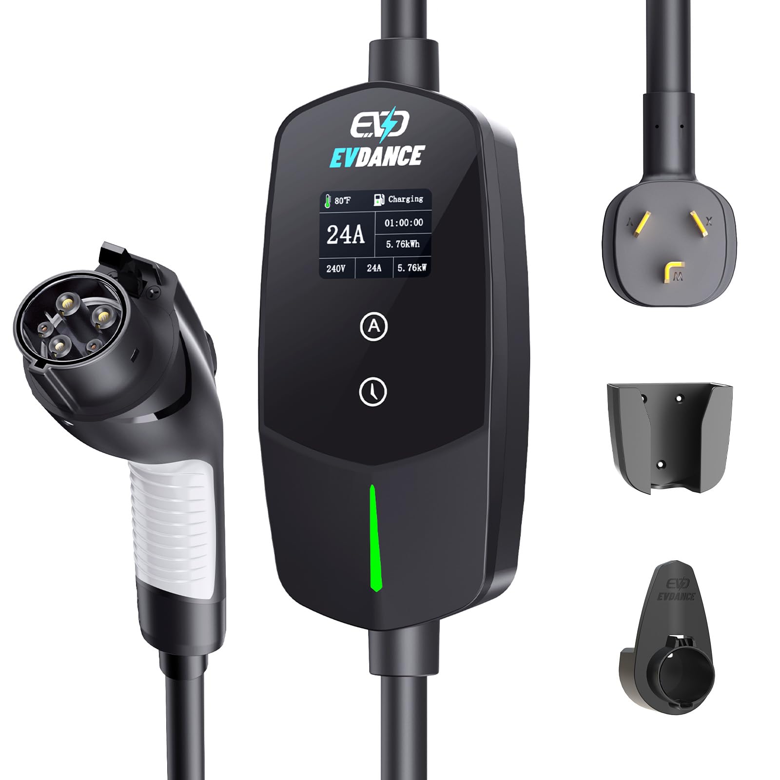 EVDANCE Level 2 EV Charger front view with 25ft cable for flexible home charging.