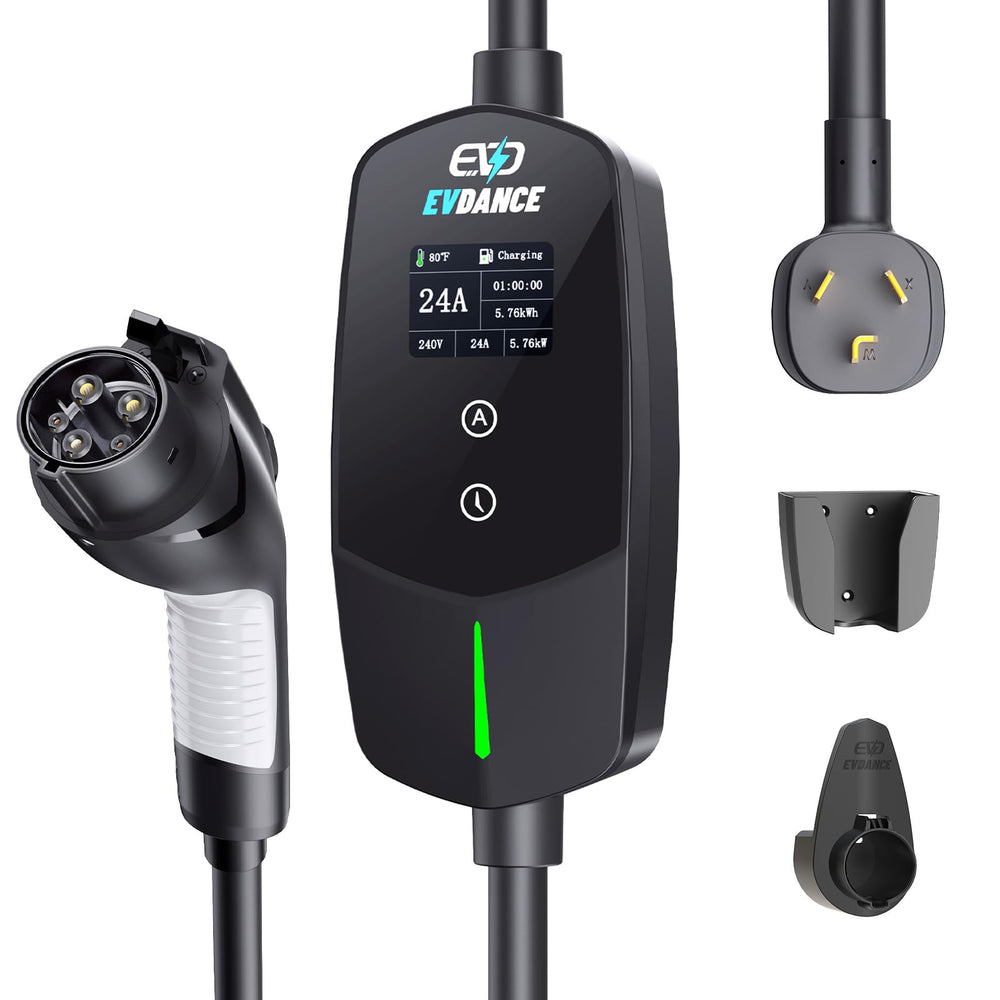 EVDANCE Level 2 EV Charger front view with 25ft cable for flexible home charging.