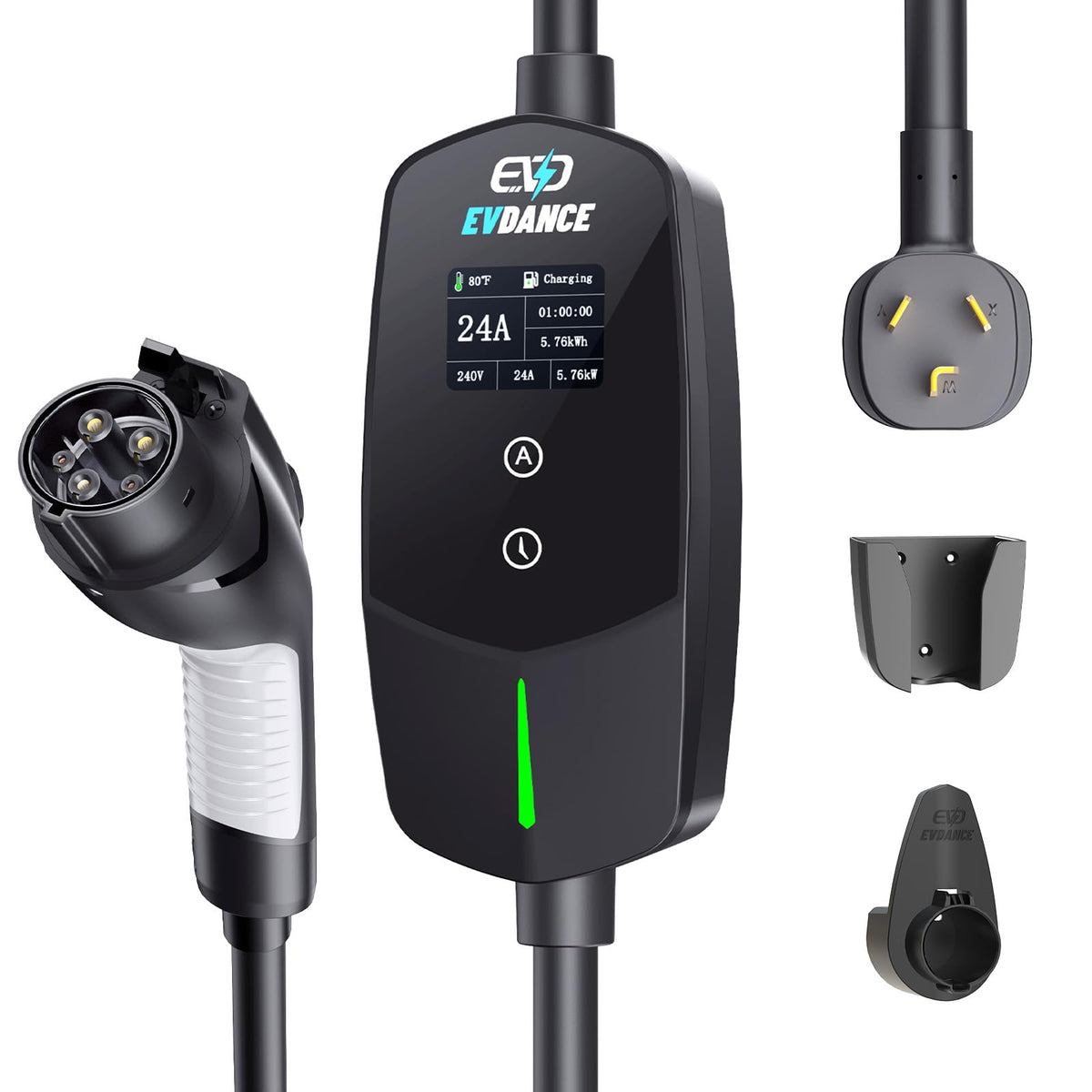 EVDANCE Level 2 EV Charger front view with 25ft cable for flexible home charging.