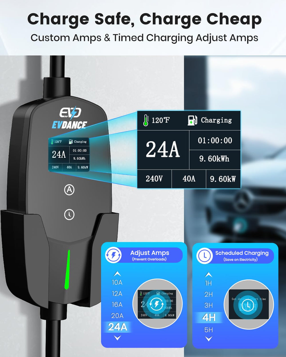 EVDANCE NEMA 10-30 plug close-up highlights rugged, weather-ready design.