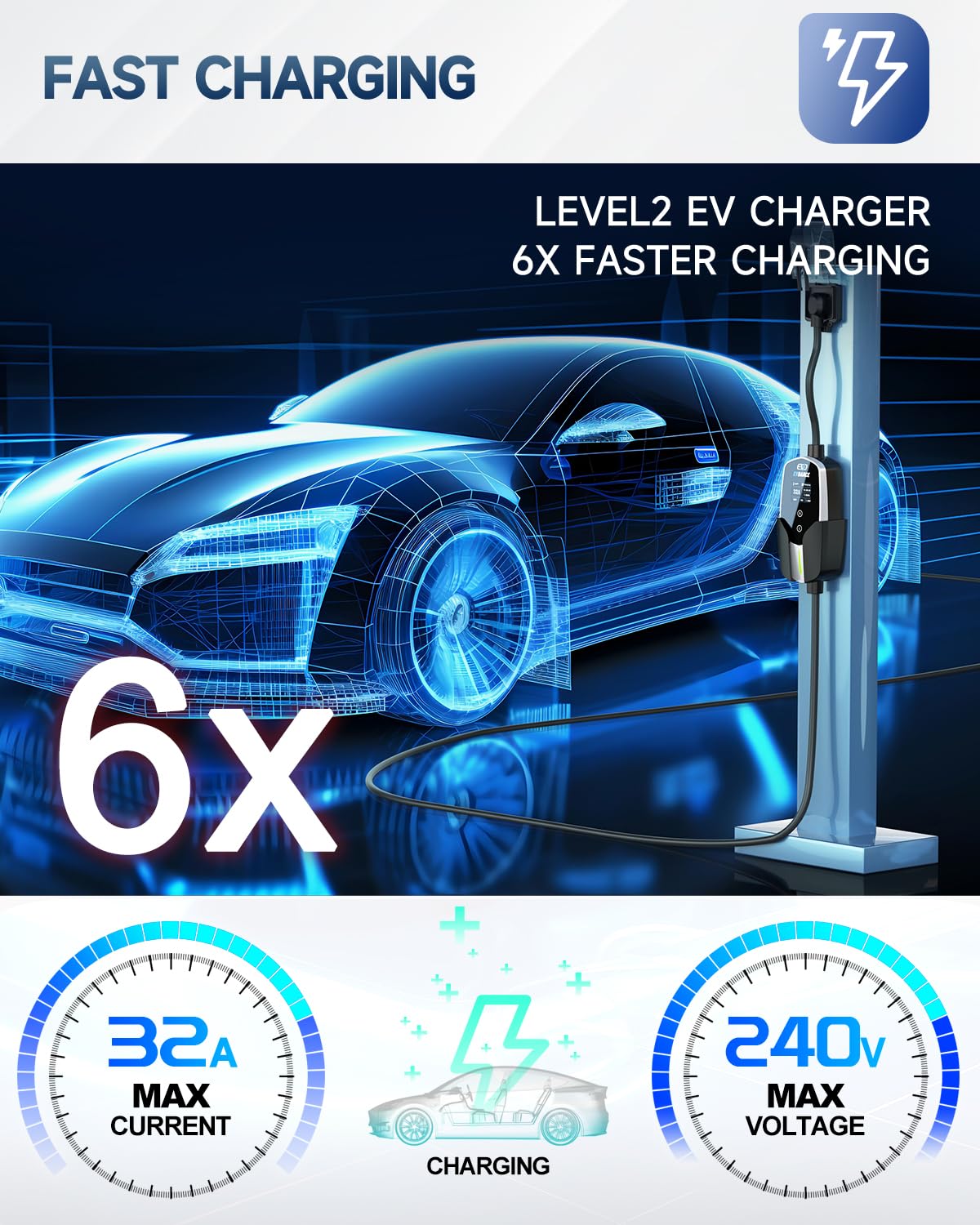EVDANCE SAE J1772 connector accommodates most non-Tesla EVs for wide compatibility.