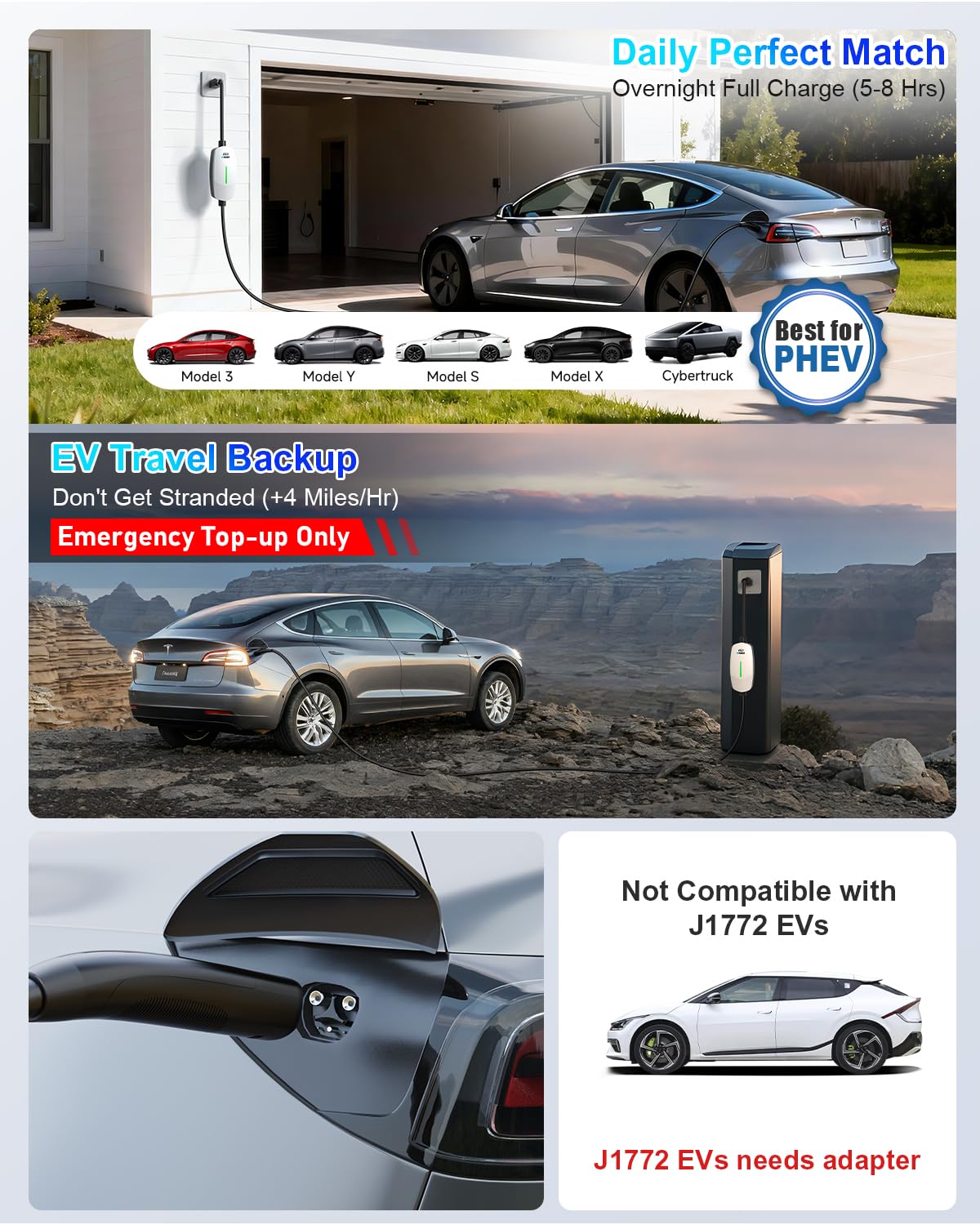 EVDANCE Tesla charger showing 240V and 120V plug compatibility