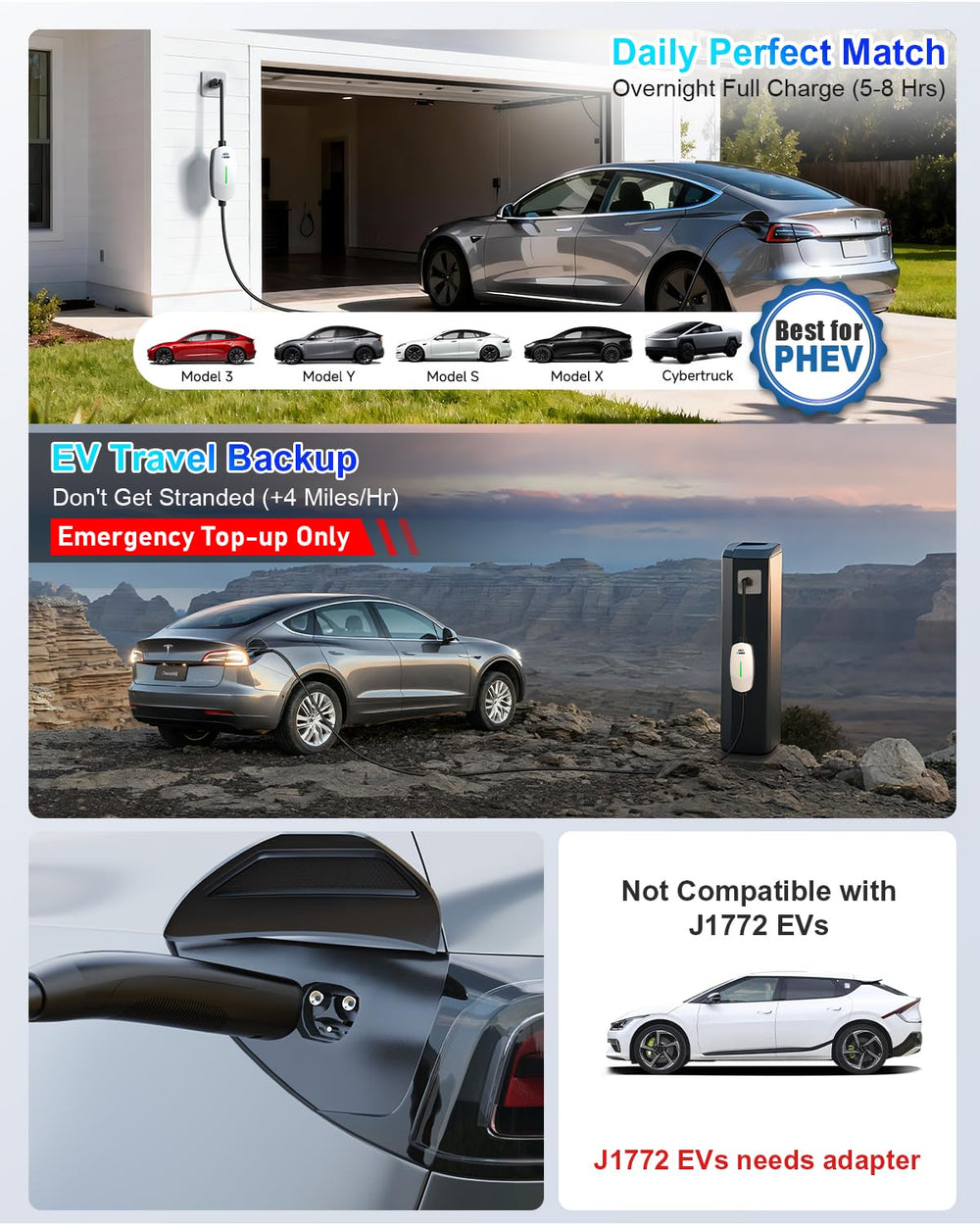 EVDANCE Tesla charger showing 240V and 120V plug compatibility