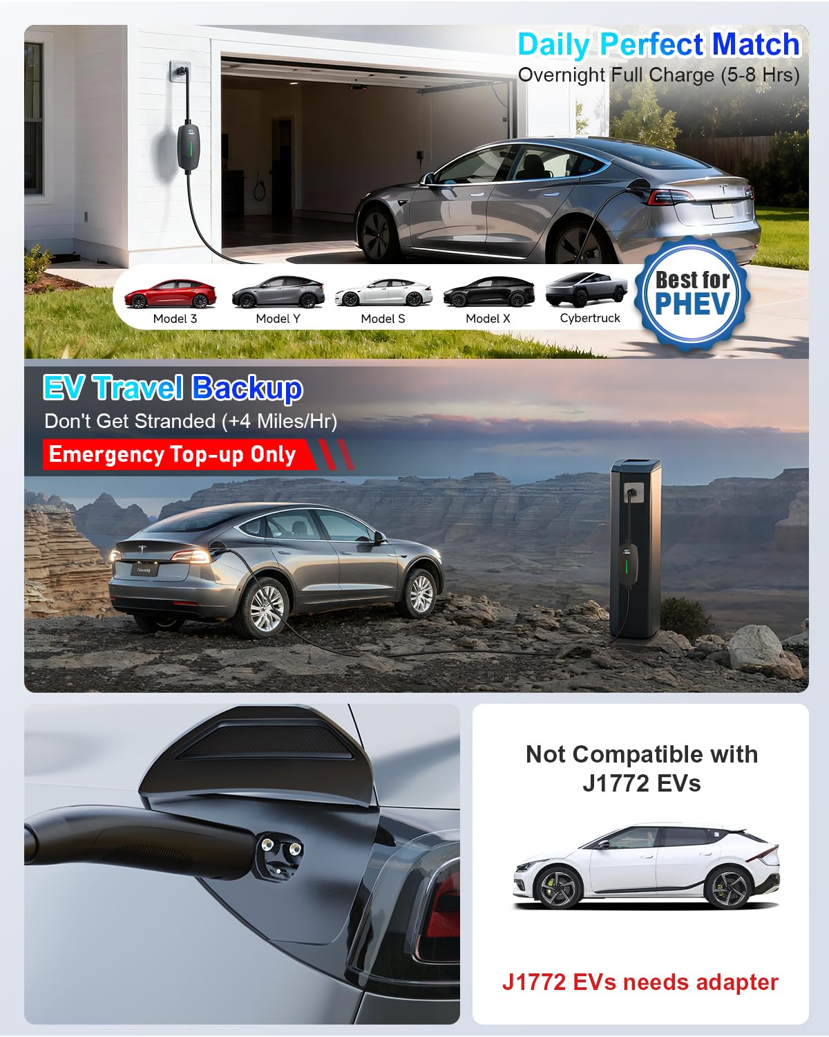 EVDANCE charger showing Tesla compatibility and universal EV use at home.