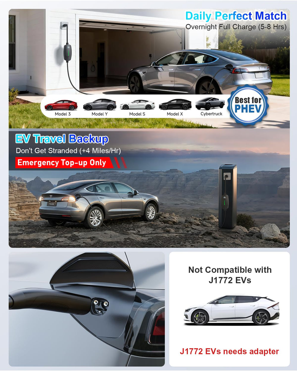 EVDANCE charger showing Tesla compatibility and universal EV use at home.
