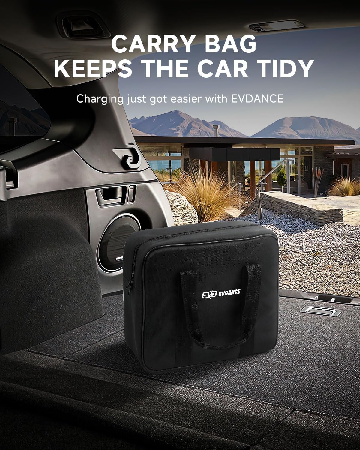 EVDANCE charger with travel bag in a home charging setup.