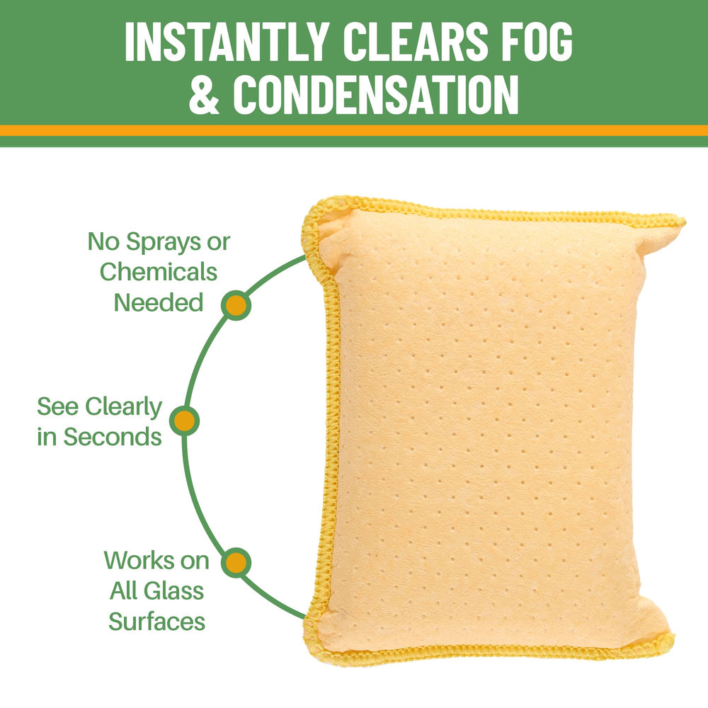 Evelots glass defogger sponge works wet or dry for clear mirrors.