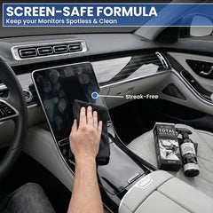 EVEO dashboard-cleaning action demonstrates safe, streak-free results on leather and plastic surfaces.
