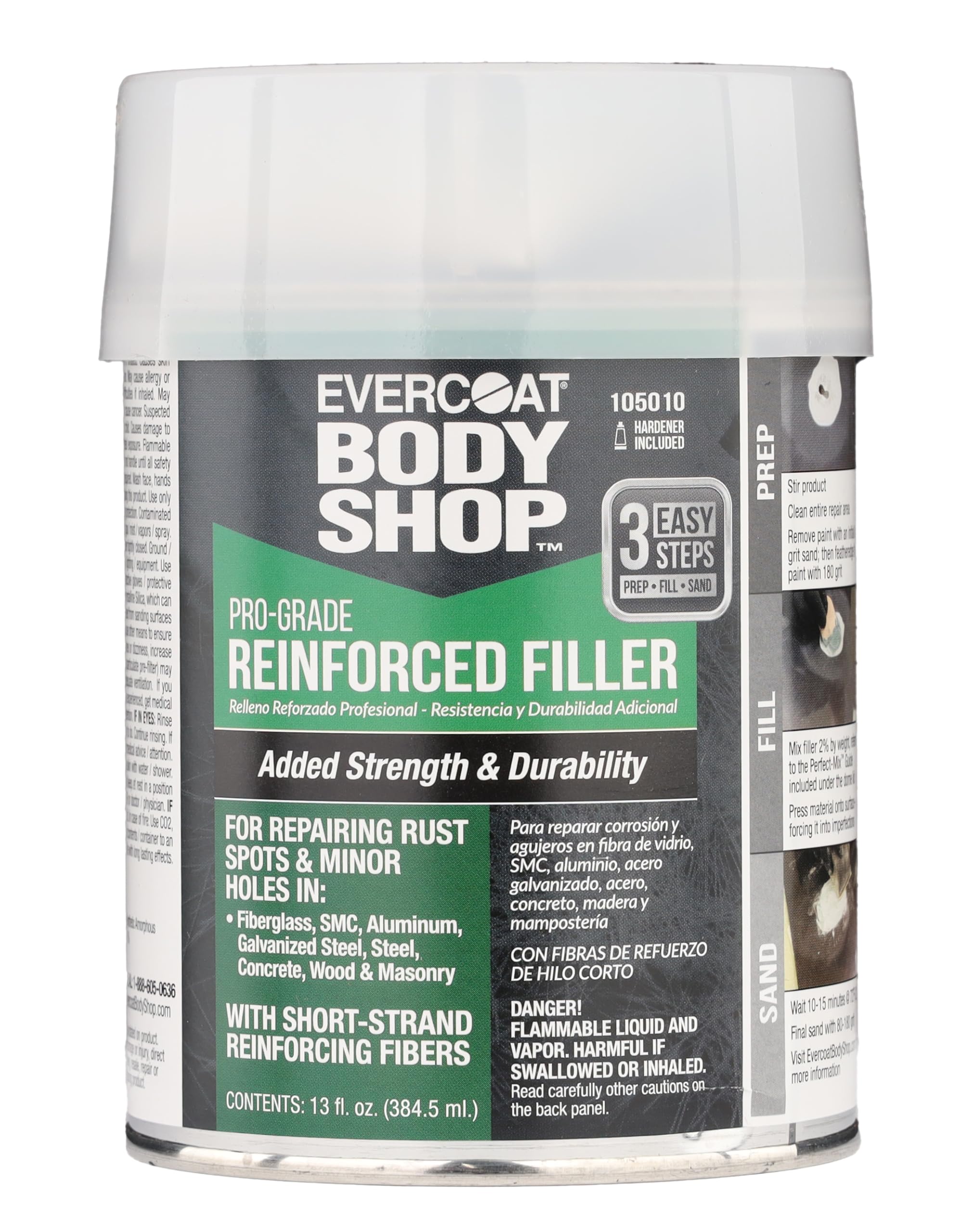 Evercoat Body Shop 105010 reinforced filler applied to metal panel for a durable repair.