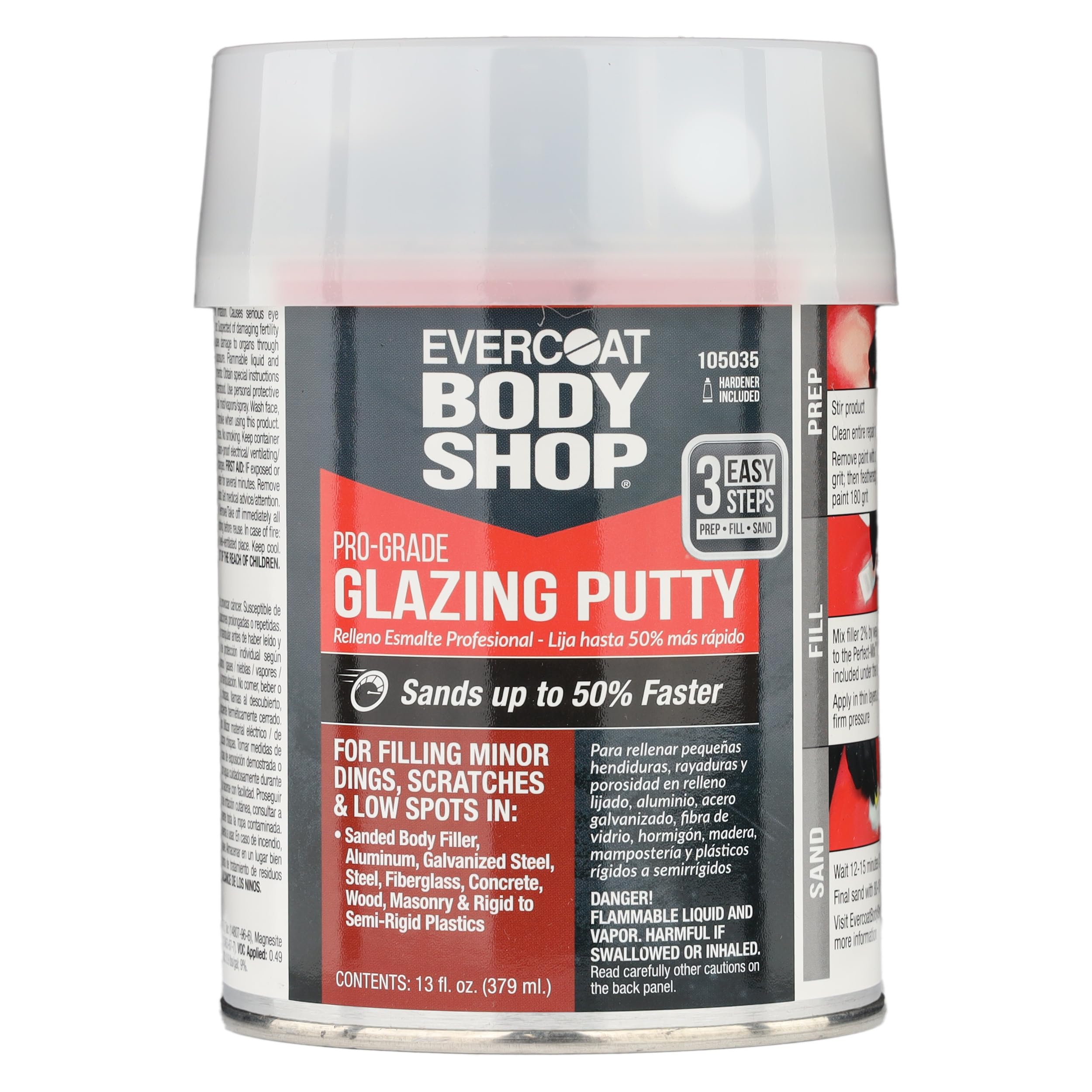 EVERCOAT Body Shop 105035 glazing putty main demonstrates quick dent filling for minor damage.