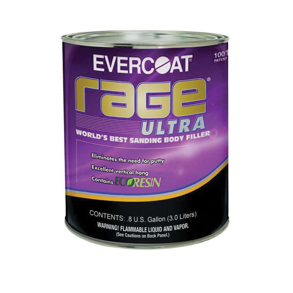 Evercoat Rage Ultra sanding body filler for steel, fiberglass, and aluminum repairs with easy sanding.