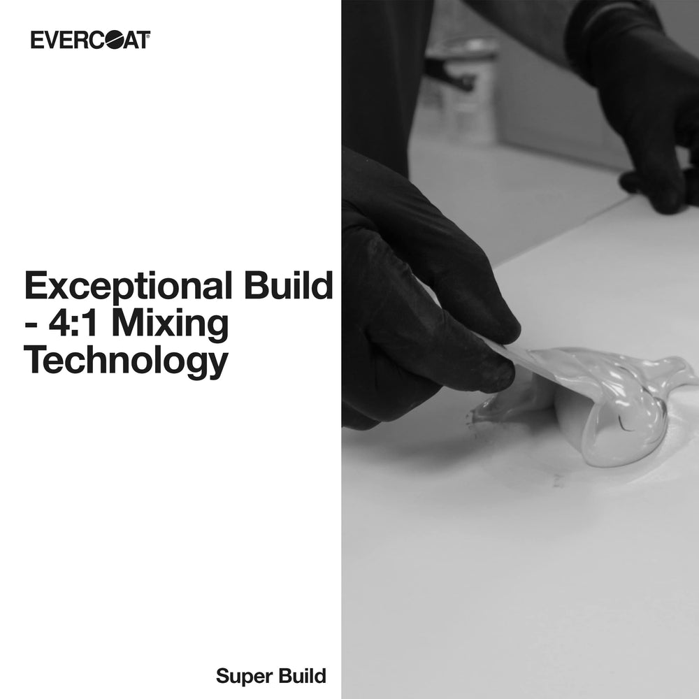 Evercoat Super Build 4:1 primer surfacer on fiberglass enhances fill and sandability.