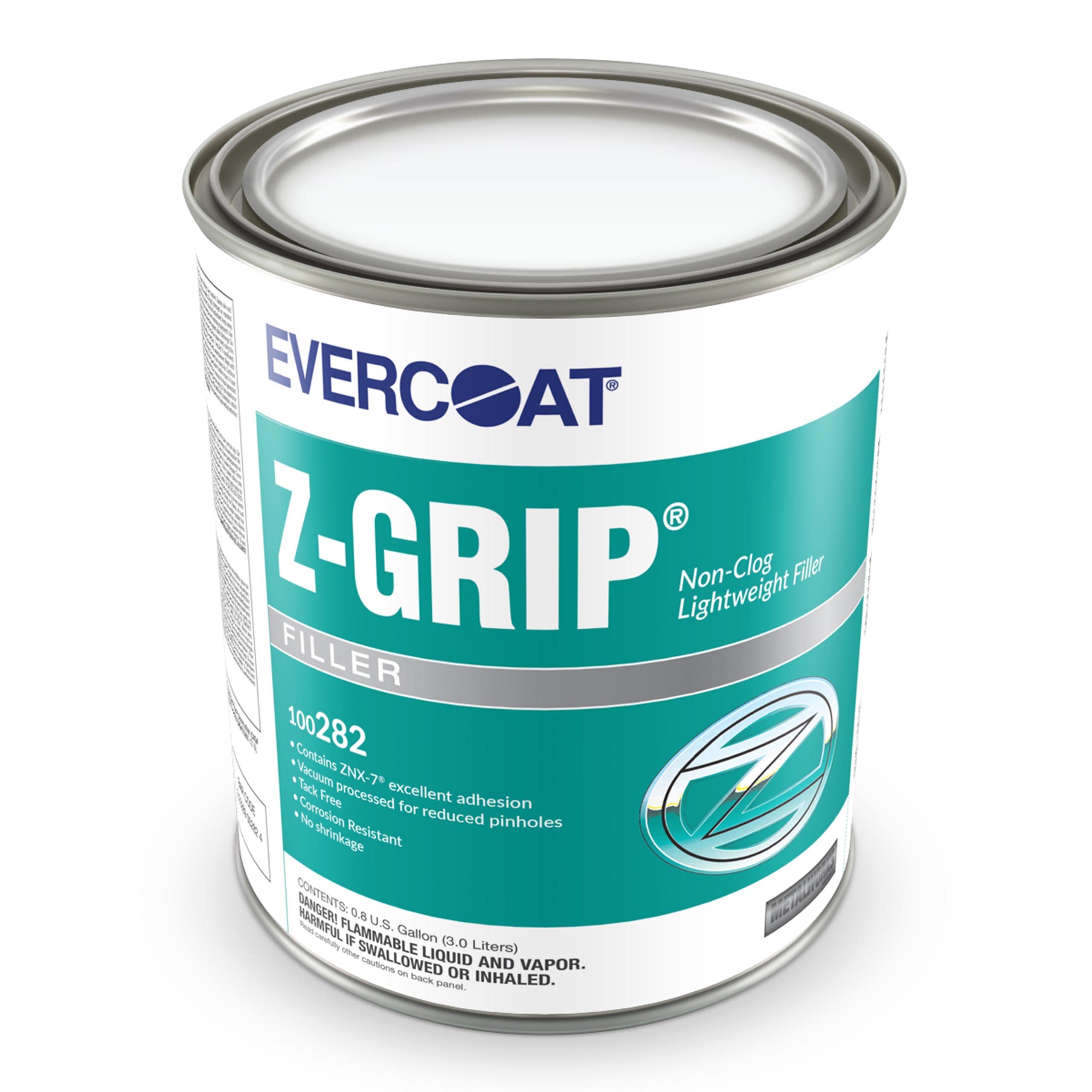Evercoat Z-Grip filler bottle on aluminum panel showing adhesion potential.