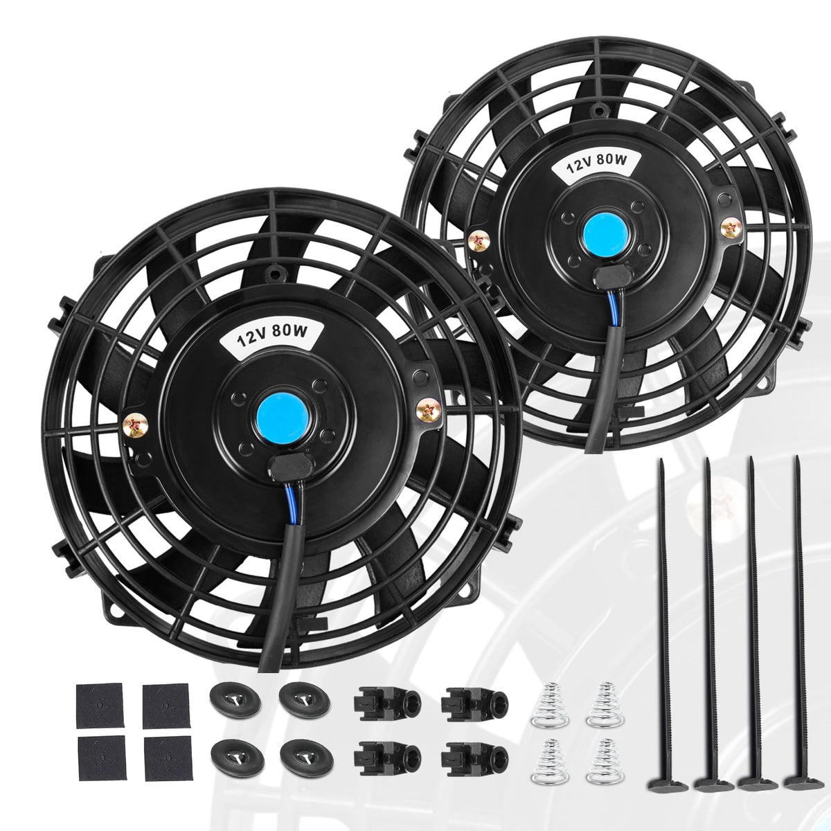 EVERESTWAY 10 inch black radiator fan for compact engine cooling in tight spaces.