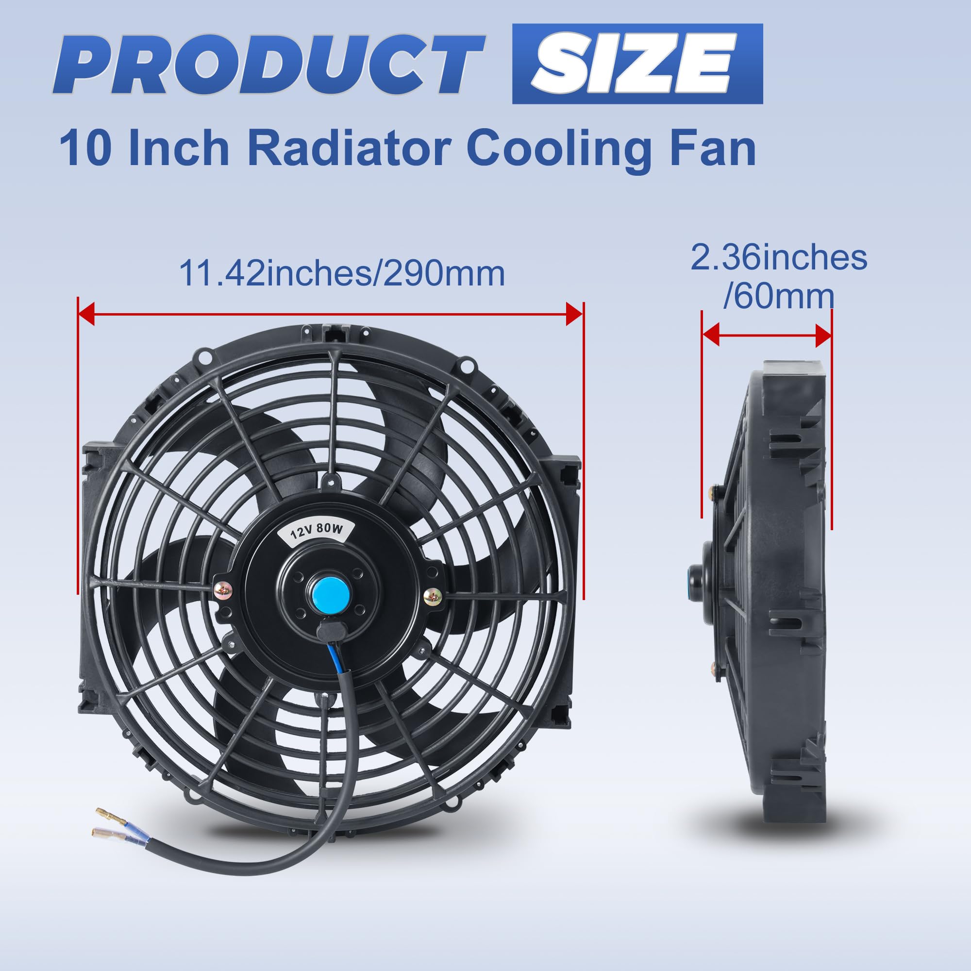 EVERESTWAY 10-inch radiator fan side view, slim profile for tight engine bays.