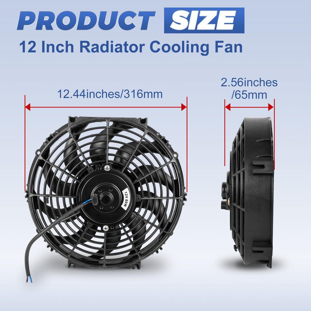 EVERESTWAY 12V radiator fan side view with universal mounting compatibility.