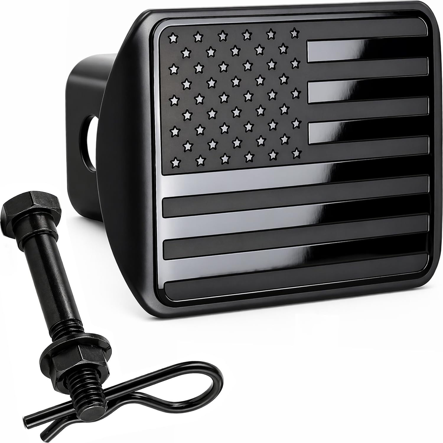 eVerHITCH usa flag emblem hitch cover adds rugged patriotic style and hitch protection.