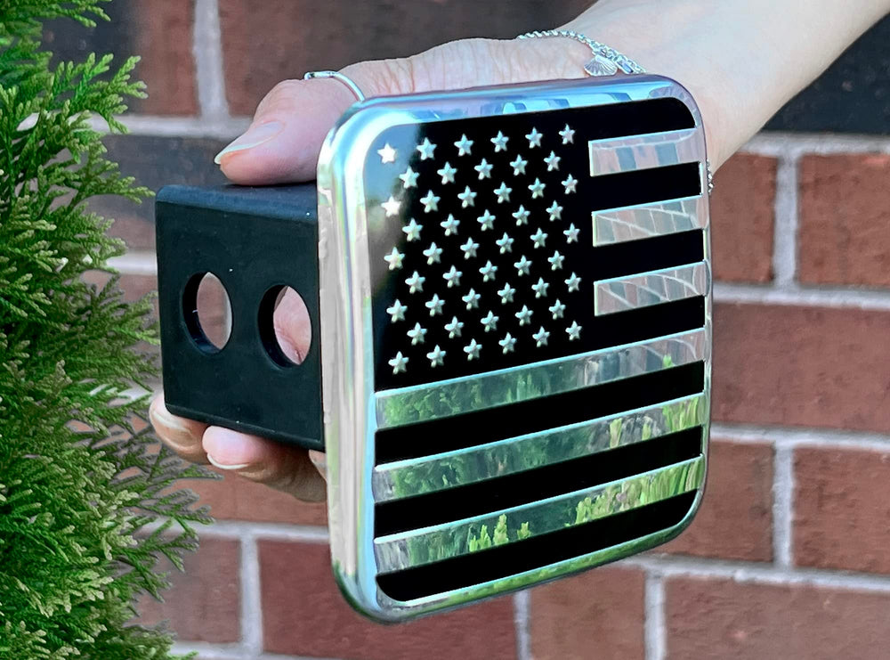 eVerHITCH flag-hitch-cover angle view highlighting chrome flag plate and fit