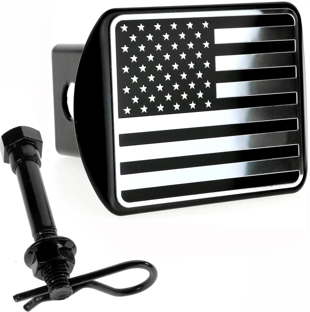 eVerHITCH USA flag metal trailer hitch cover 2in in black chrome protects the hitch and adds styling.
