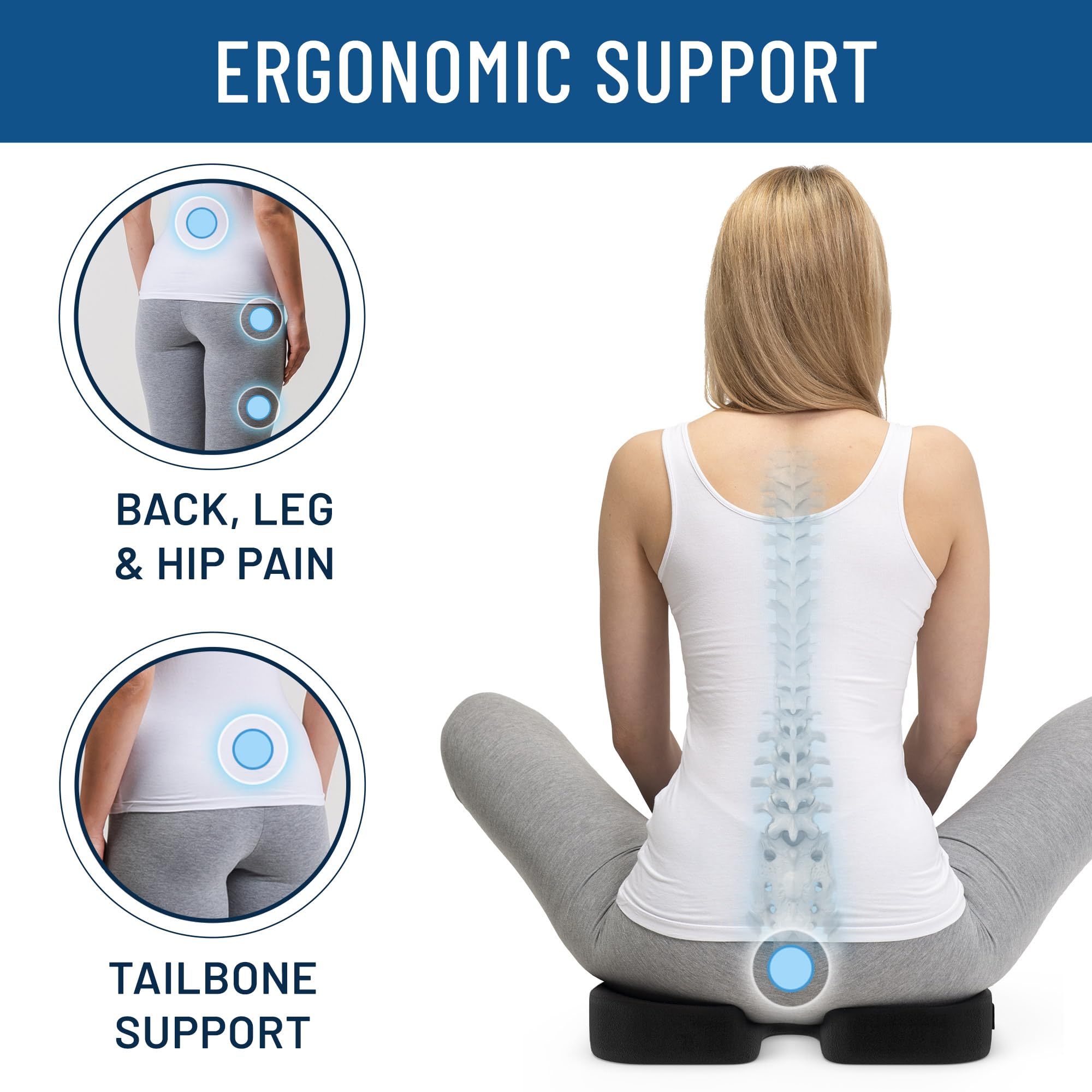 Everlasting Comfort U-shaped cutout tailbone relief cushion for back comfort.