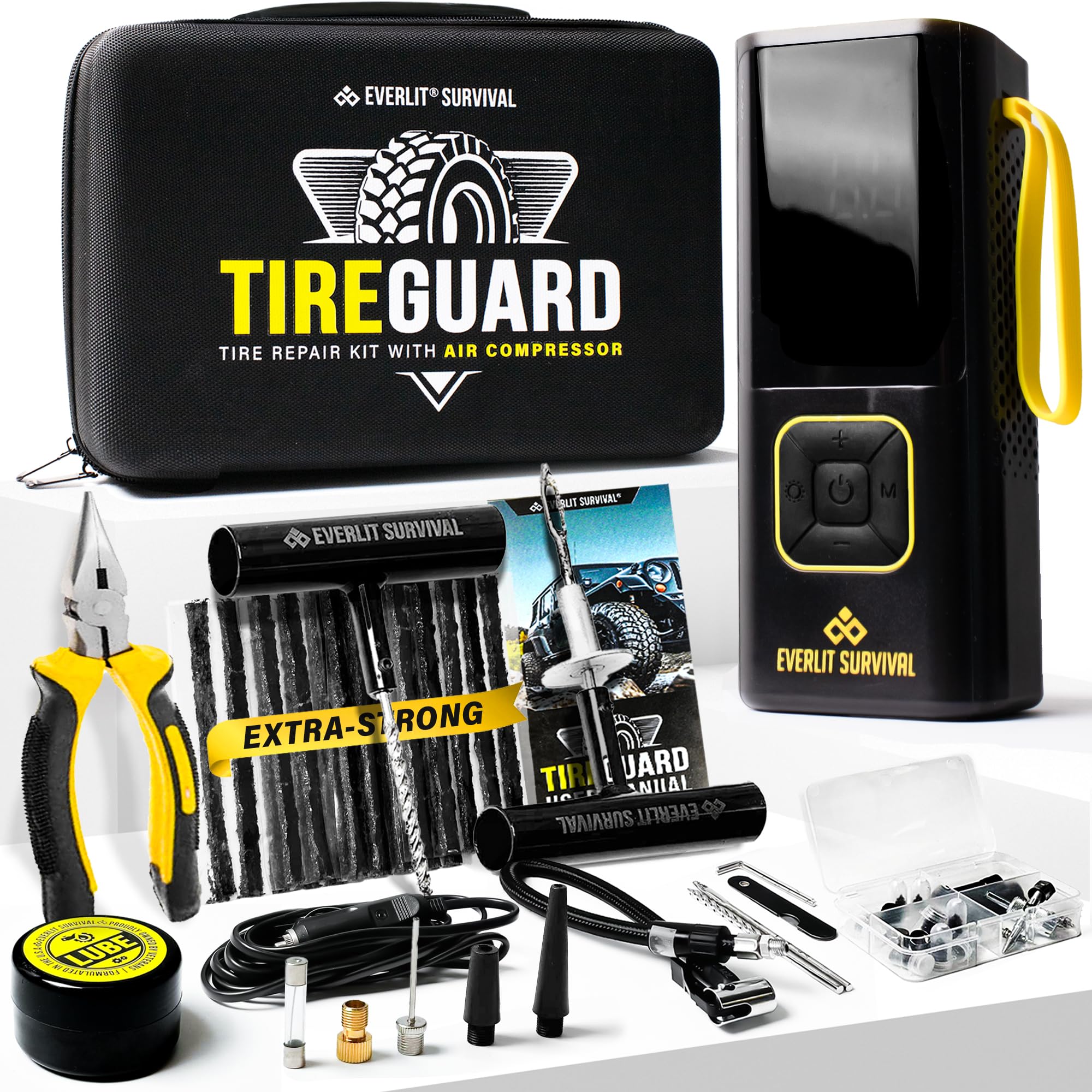 Everlit tire repair kit in use with air compressor inflating a tire.