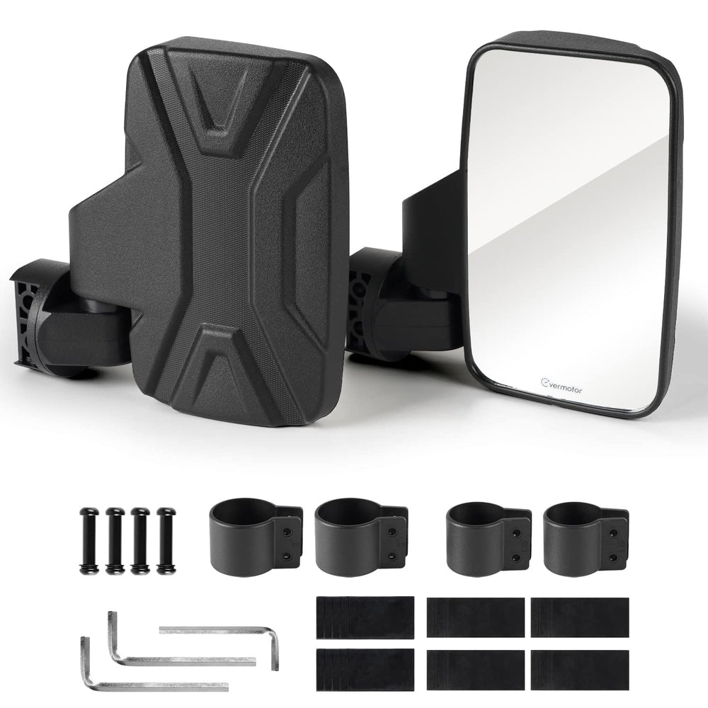 Evermotor UTV side mirror with roll cage clip for secure mounting.