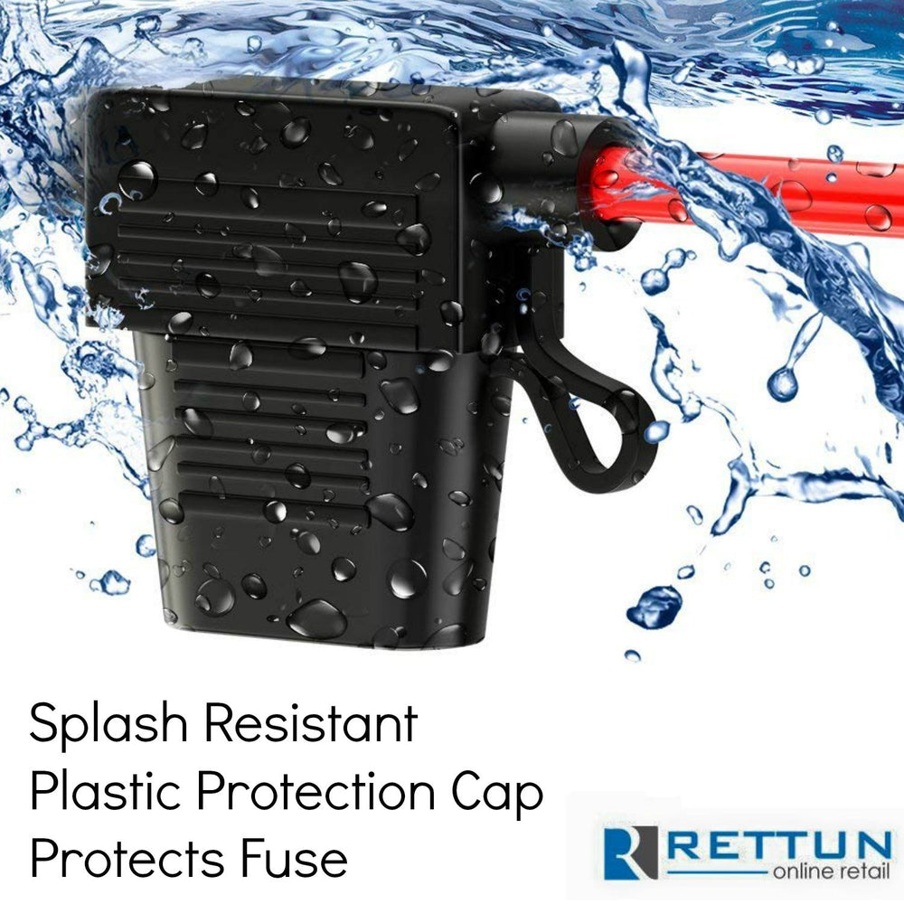 Water-resistant cap protects inline fuse holder from dirt and splashes