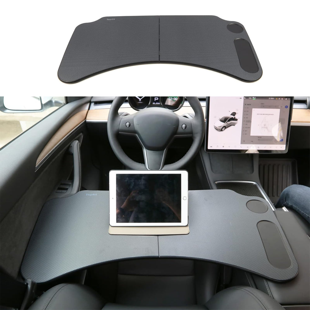 EVFITUS Tesla Model Y tray open on armrest for easy laptop use