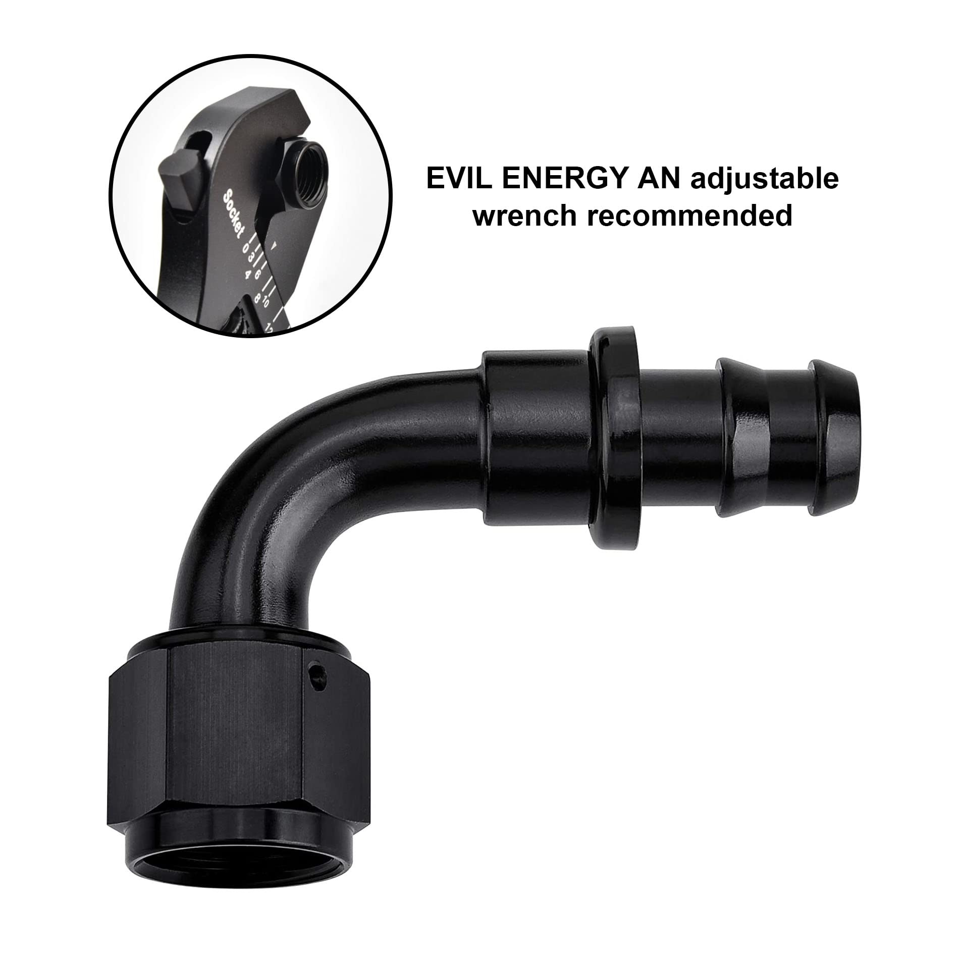 EVIL ENERGY 10AN 90-degree push-lock fitting view5 supports rubber fuel hoses