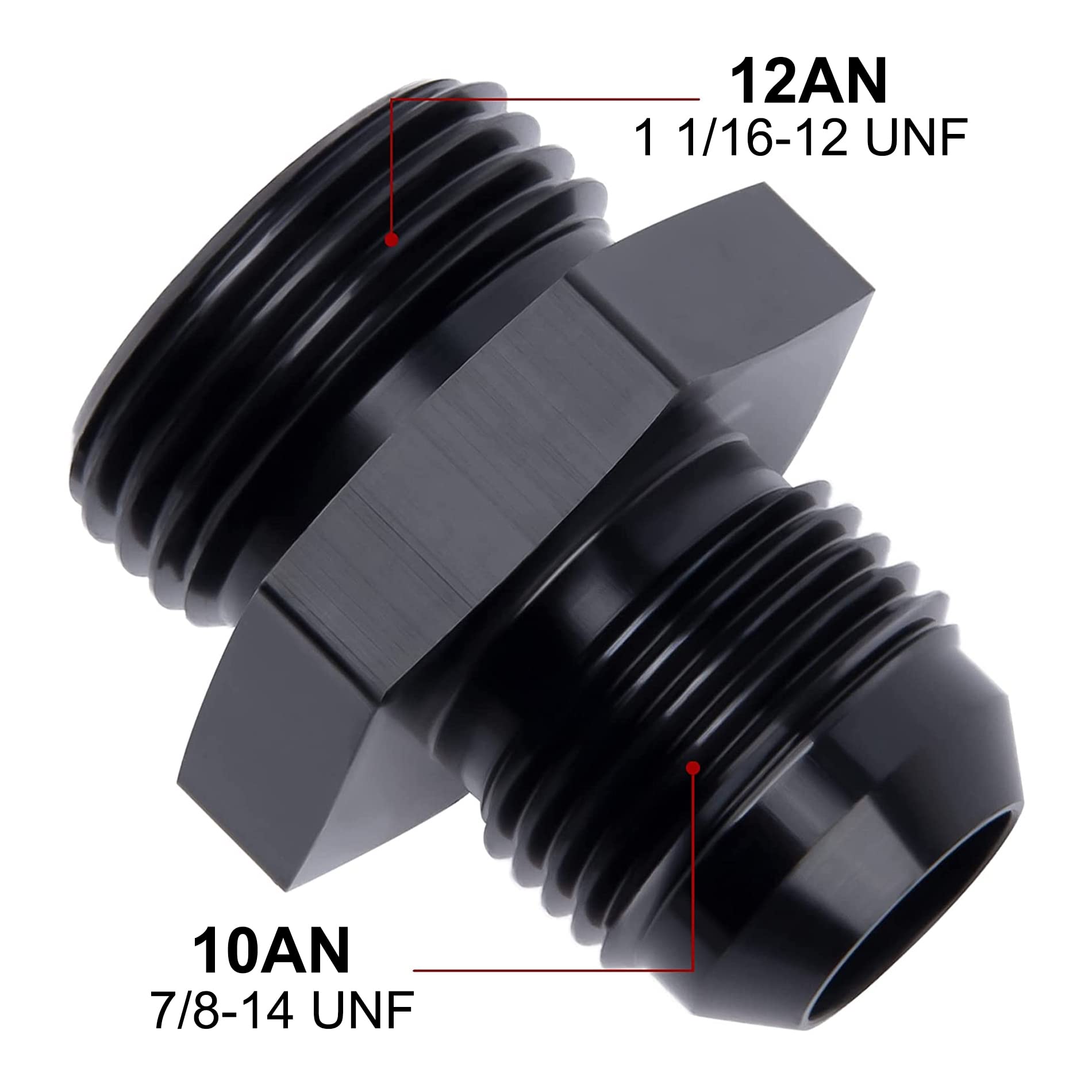 EVIL ENERGY 10AN flare to AN12 ORB adapter threads detail for high-pressure fuel lines.