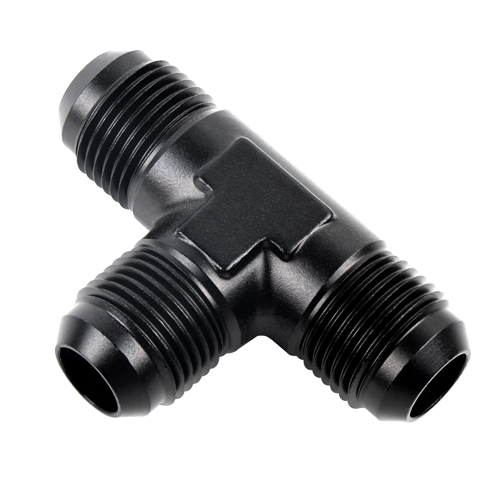 EVIL ENERGY 10AN male flare tee front view for compact automotive fuel lines.