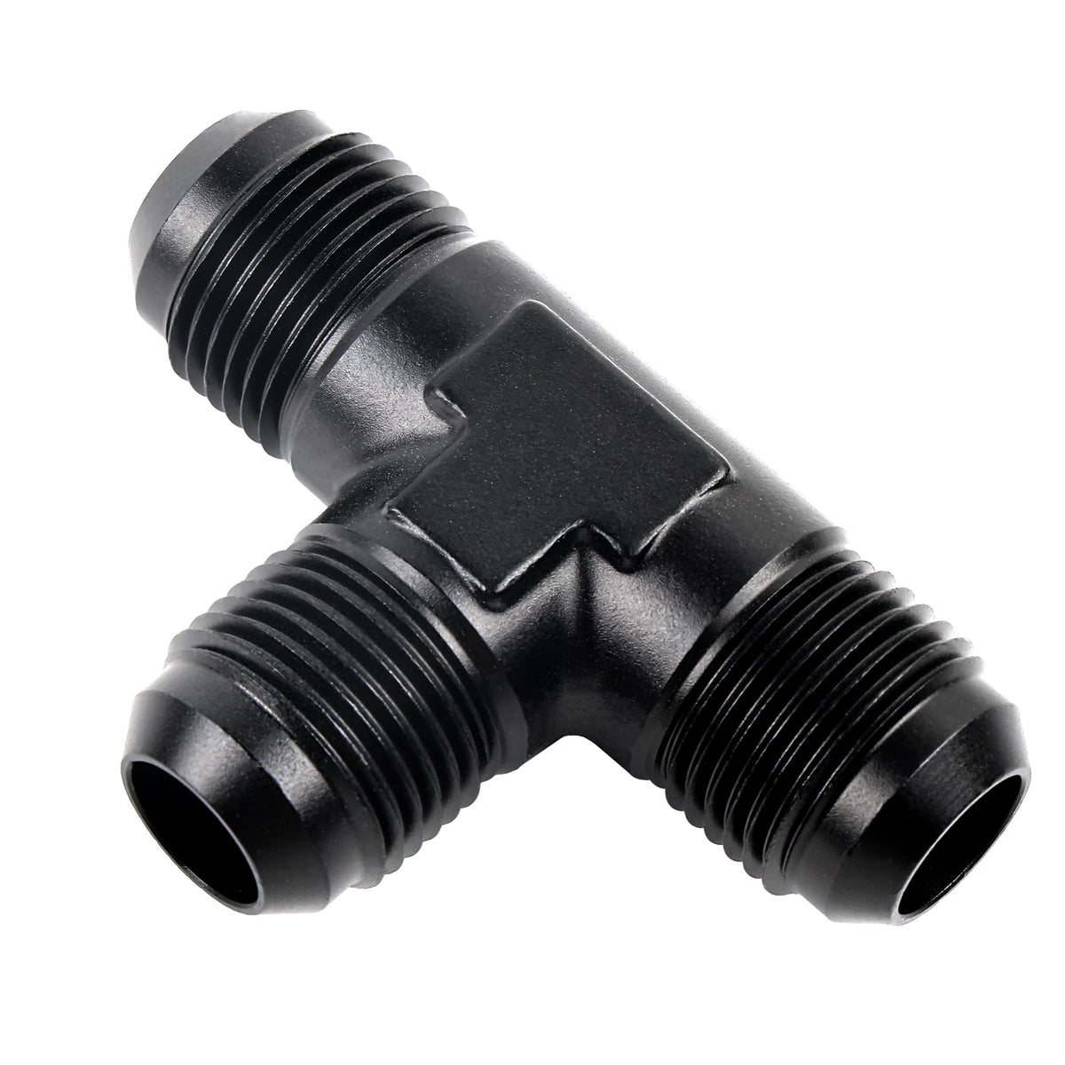 EVIL ENERGY 10AN male flare tee front view for compact automotive fuel lines.