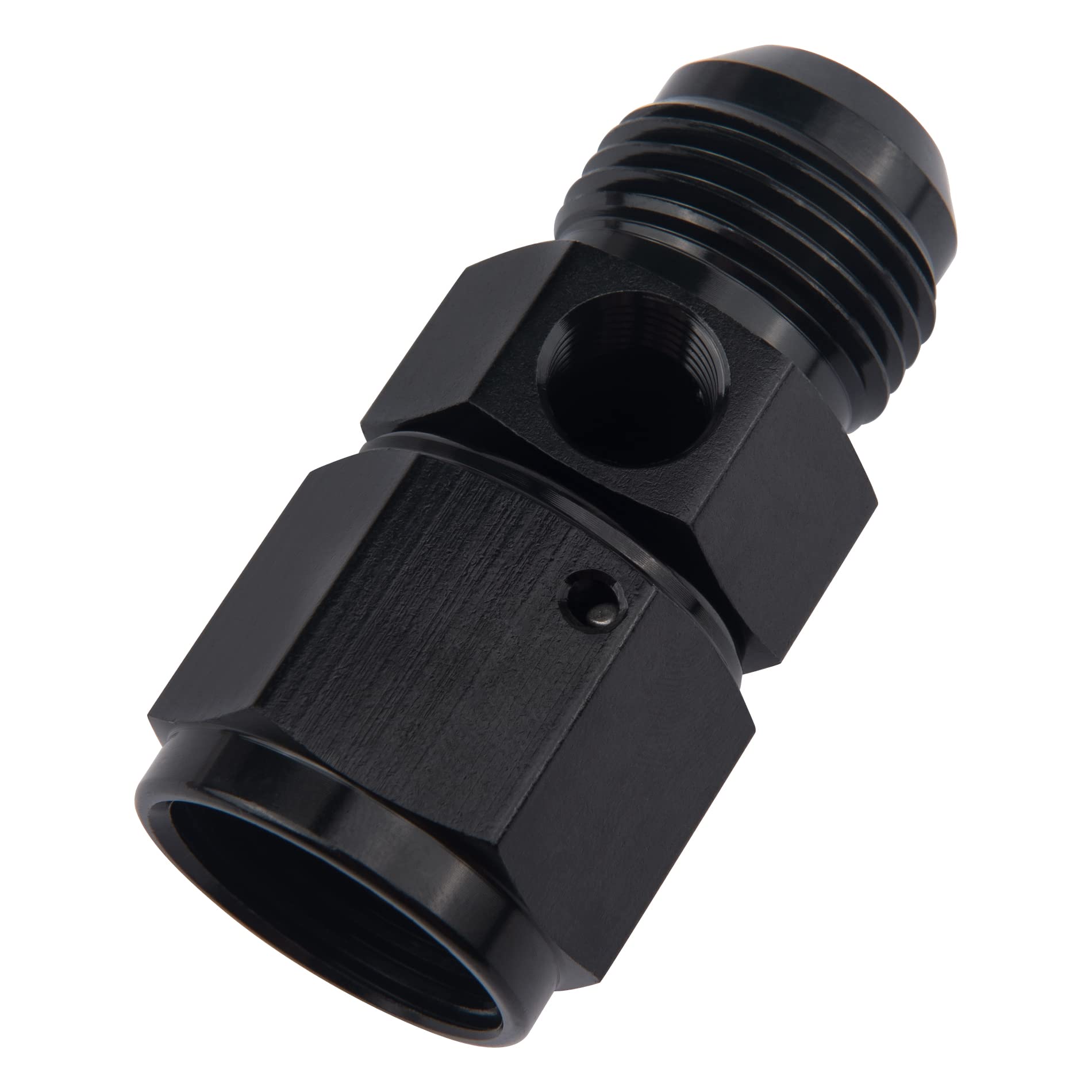 EVIL ENERGY 10AN male flare to -10 female swivel with a 1/8 inch NPT gauge port for gauge installation.