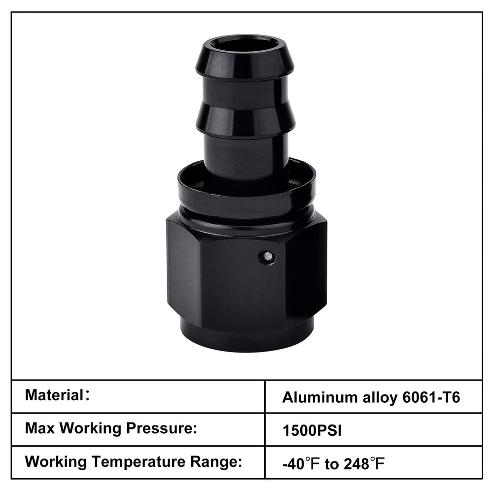 EVIL ENERGY 10AN straight push-lock hose fitting end black in hand demonstrates easy install potential