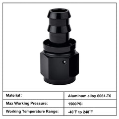EVIL ENERGY 10AN straight push-lock hose fitting end black in hand demonstrates easy install potential