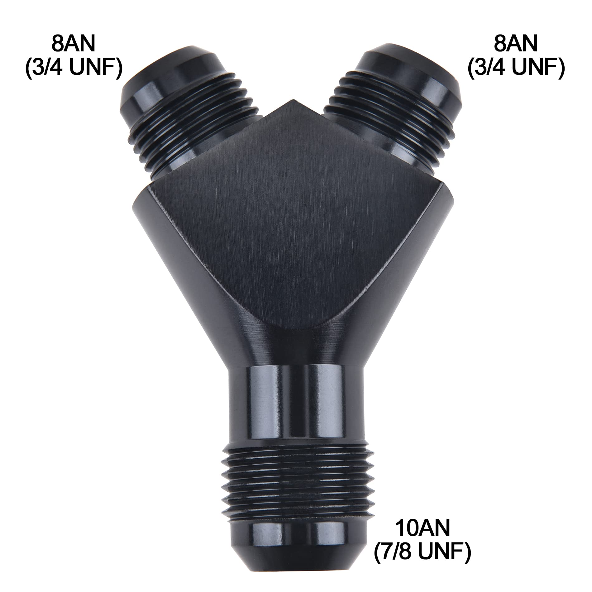 EVIL ENERGY 10AN to 8AN Y block flare adapter in black, side view, compact install.