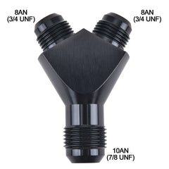 EVIL ENERGY 10AN to 8AN Y block flare adapter in black, side view, compact install.