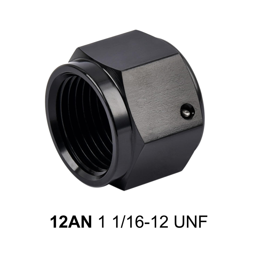 EVIL ENERGY 12AN flare cap block-off plug close-up showing the black finish