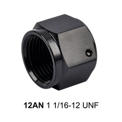 EVIL ENERGY 12AN flare cap block-off plug close-up showing the black finish
