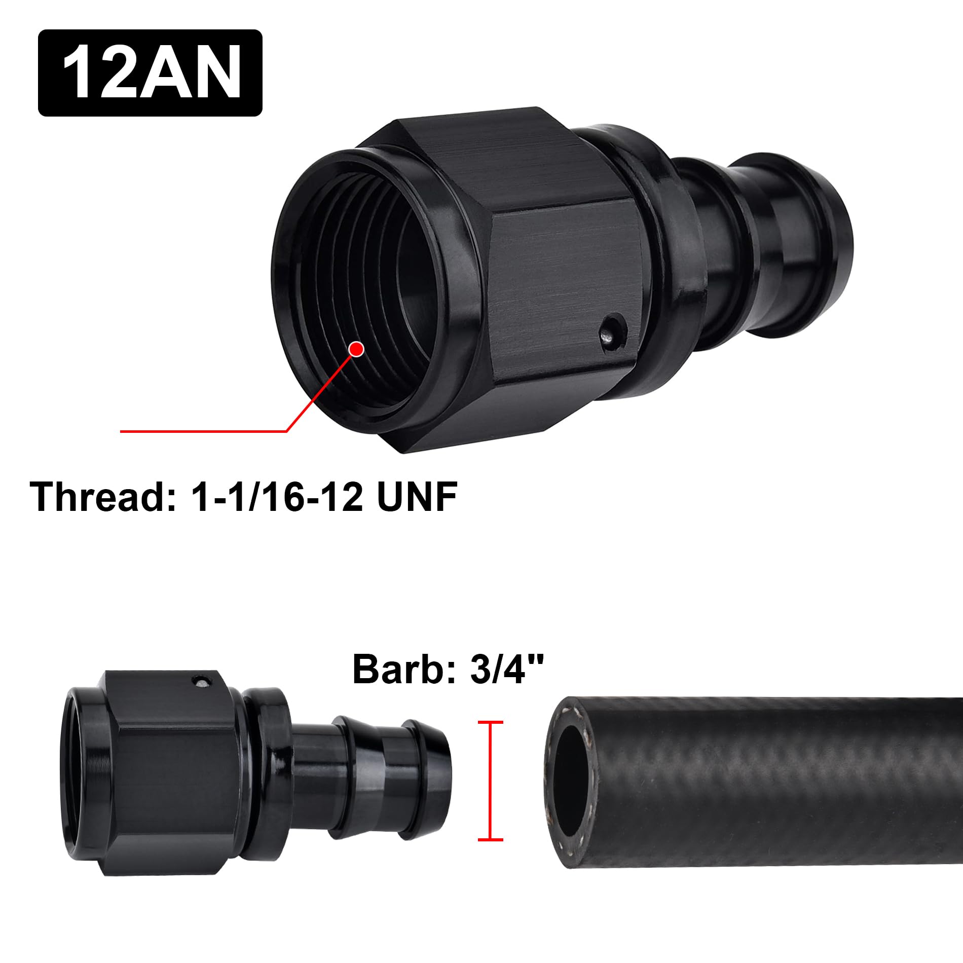 EVIL ENERGY 12AN straight push-lock fitting end, side view demonstrates easy rubber hose connection.