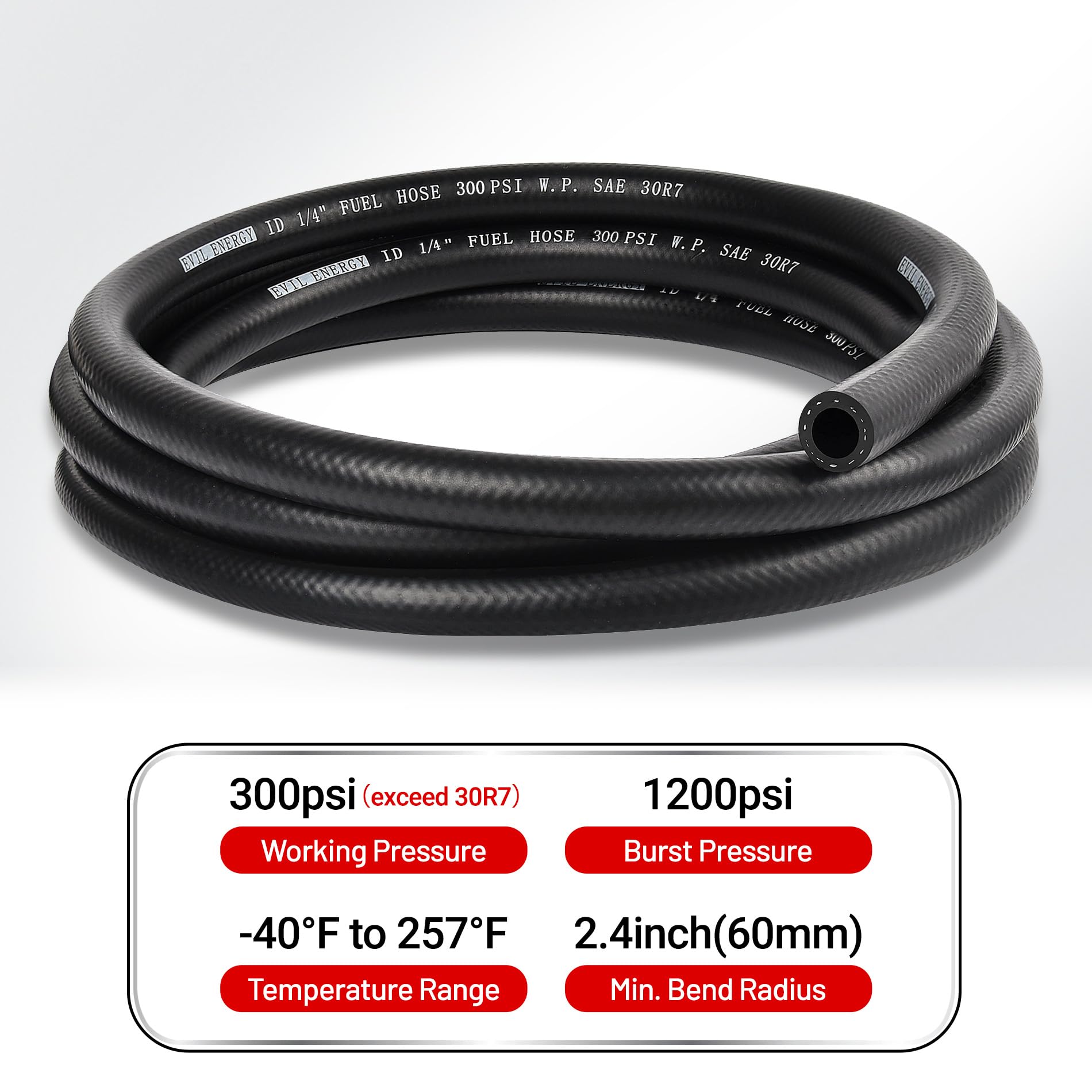 EVIL ENERGY 20 ft fuel hose enables flexible routing under varying temperatures.