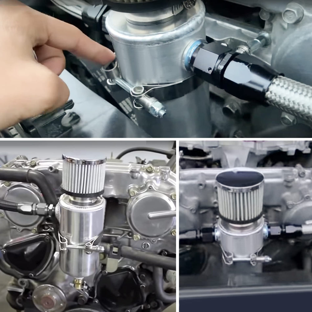 EVIL ENERGY 2-port air oil separator in silver helps keep intake clean.