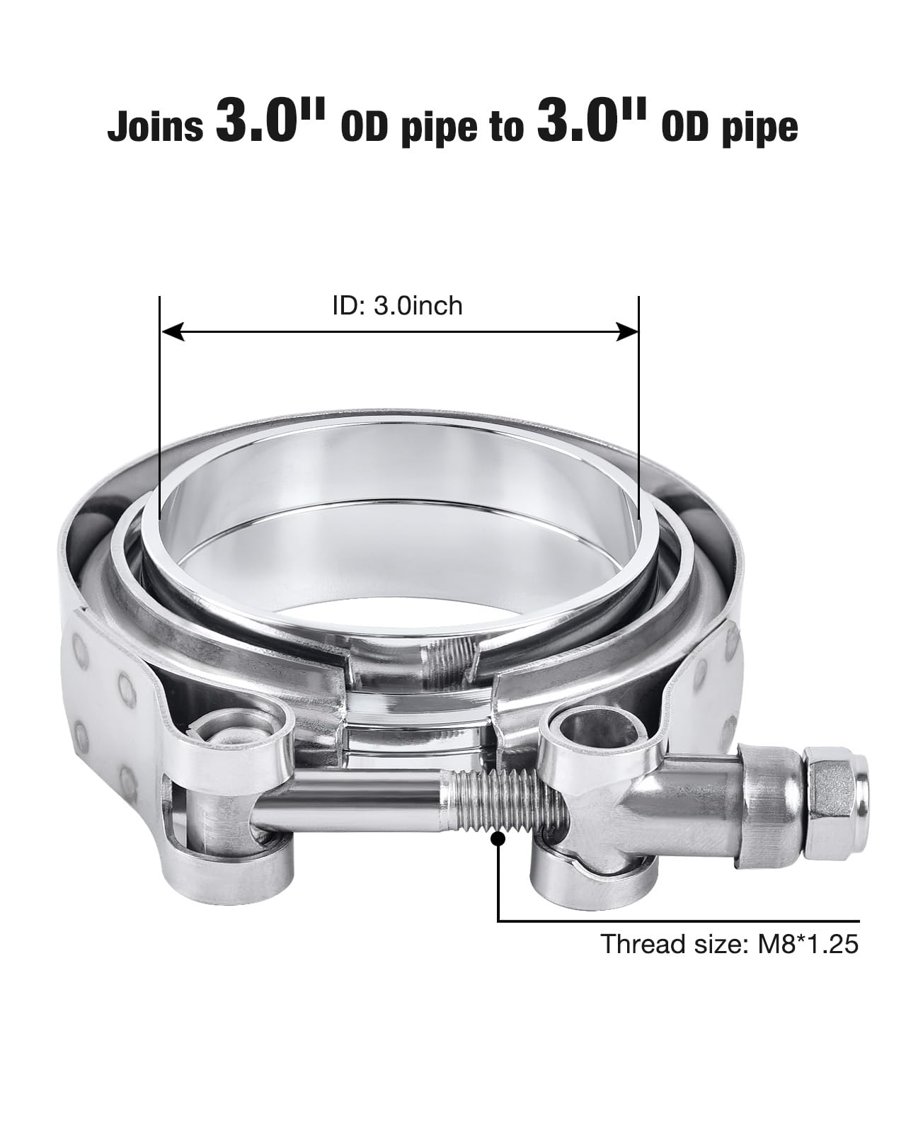 EVIL ENERGY 3.0-inch V-band clamp with female flange ensures stable alignment.