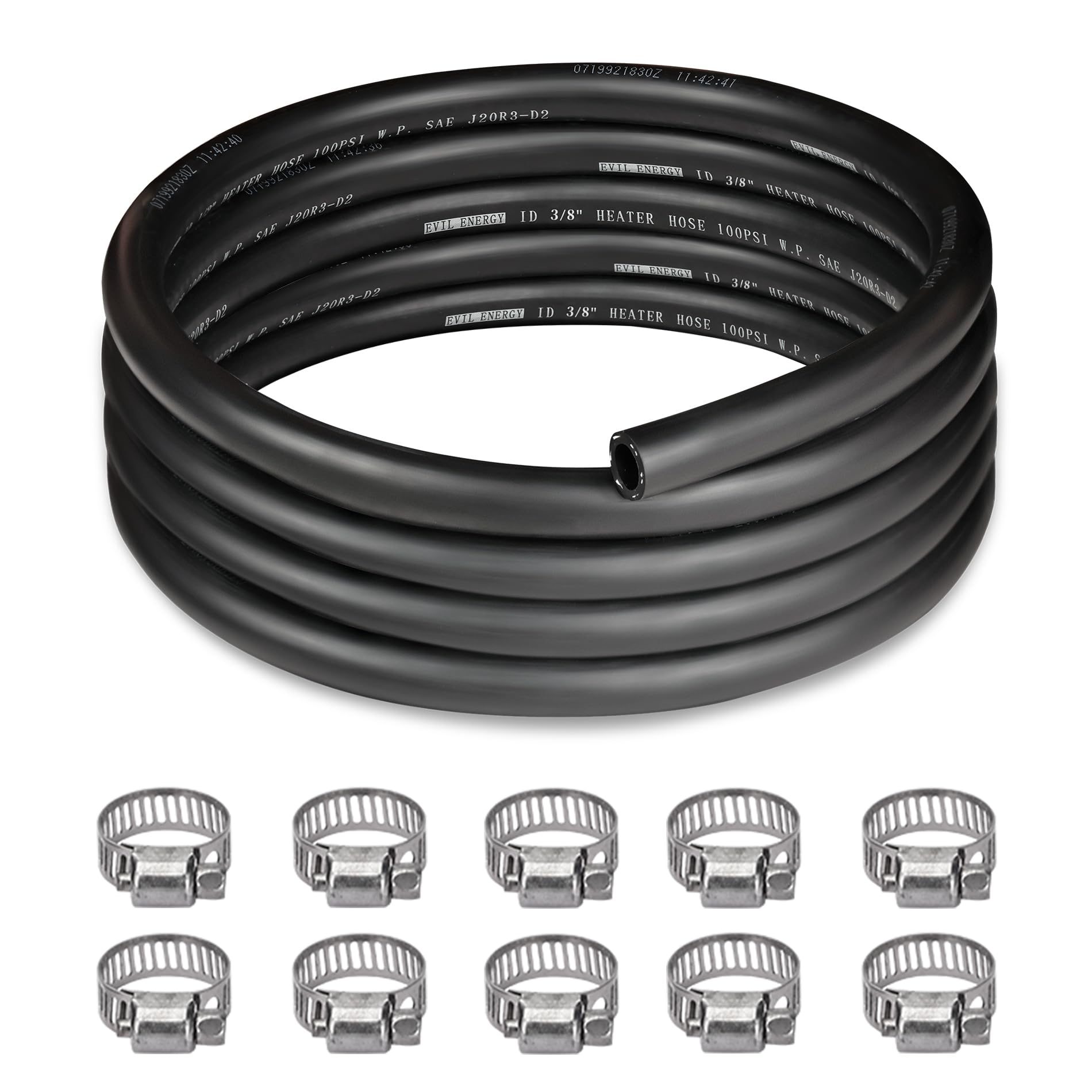 EVIL ENERGY 3-8in heater hose 10ft with clamps ready for radiator connections.